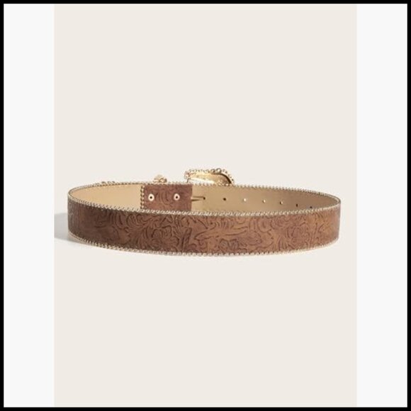 Western Cowgirl Belt with Gold Buckle, Faux PU Leather, Brown Floral main image 5
